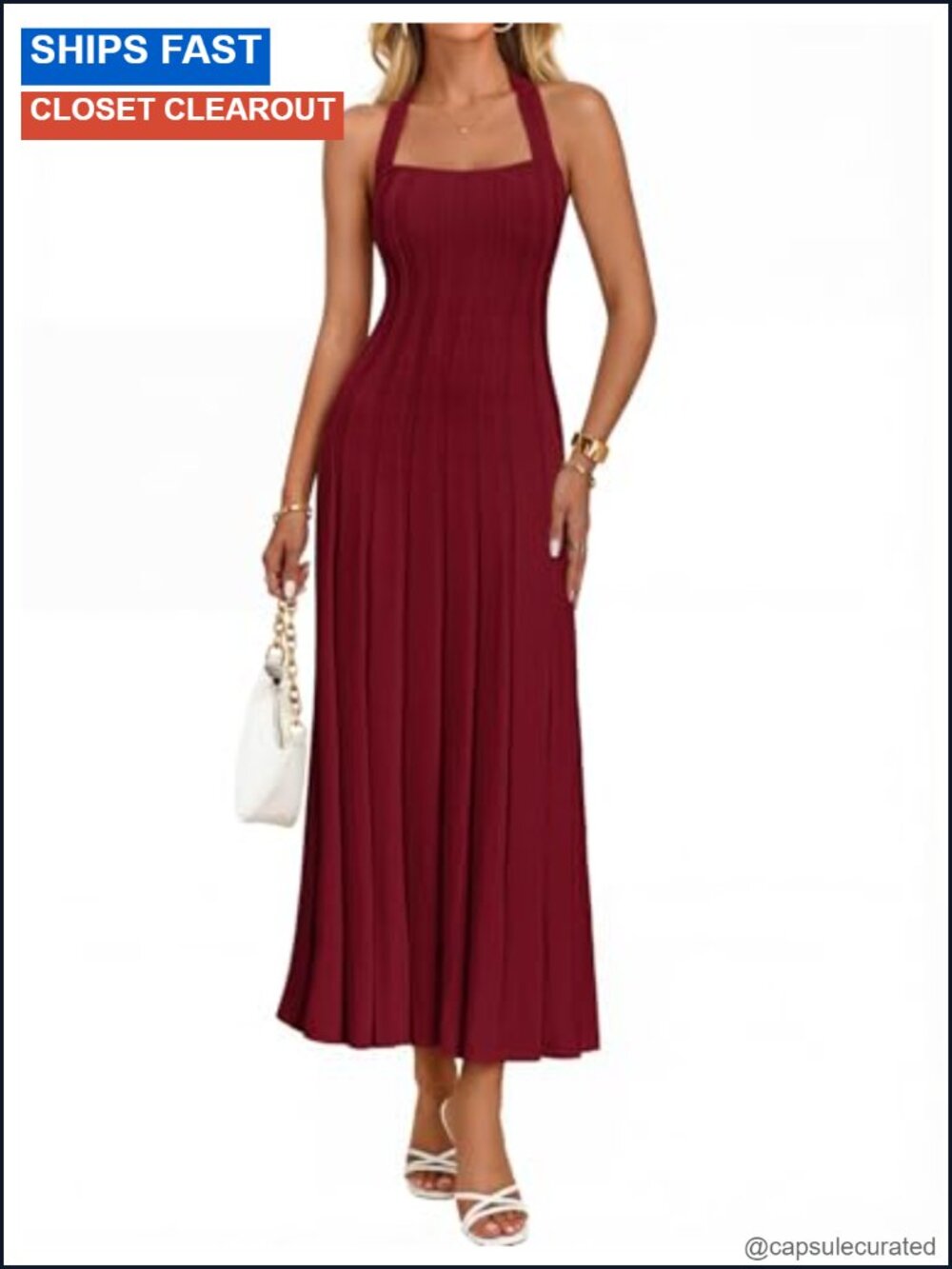 Women's Halter Ribbed Knit Bodycon Midi Sweater Dress Formal Sleeveless Backless